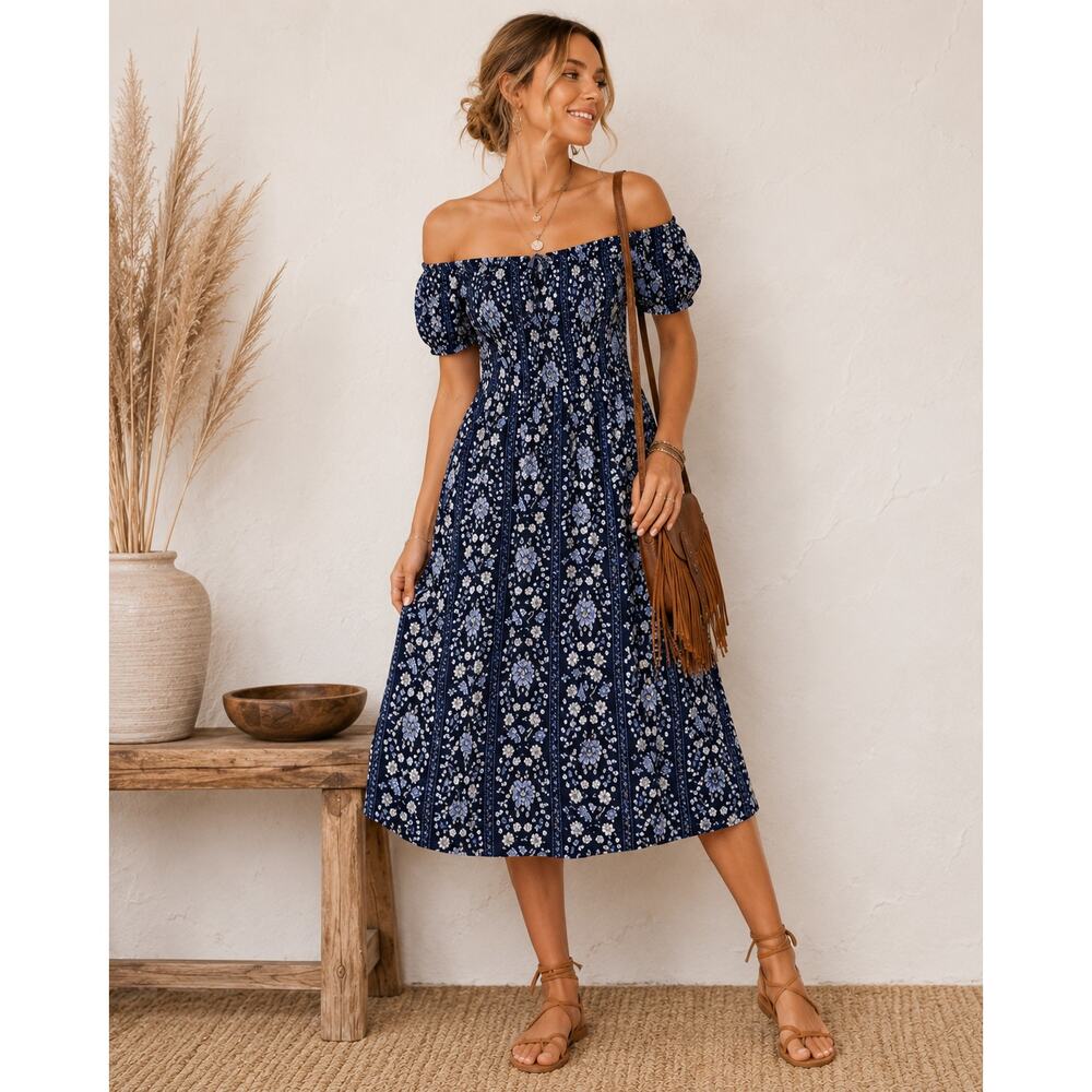 Old Navy Smocked Off-the-Shoulder Slub-Weave Midi Dress Women's Sz L Blue Floral - Picture 2 of 9